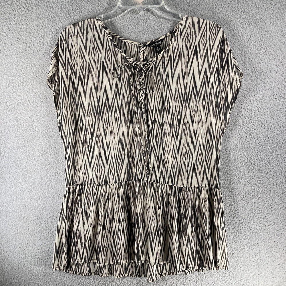 LUCKY BRAND Top Womens  S Lace Up Semi Sheer Geo Print Wide Ruffle Hem Party Top